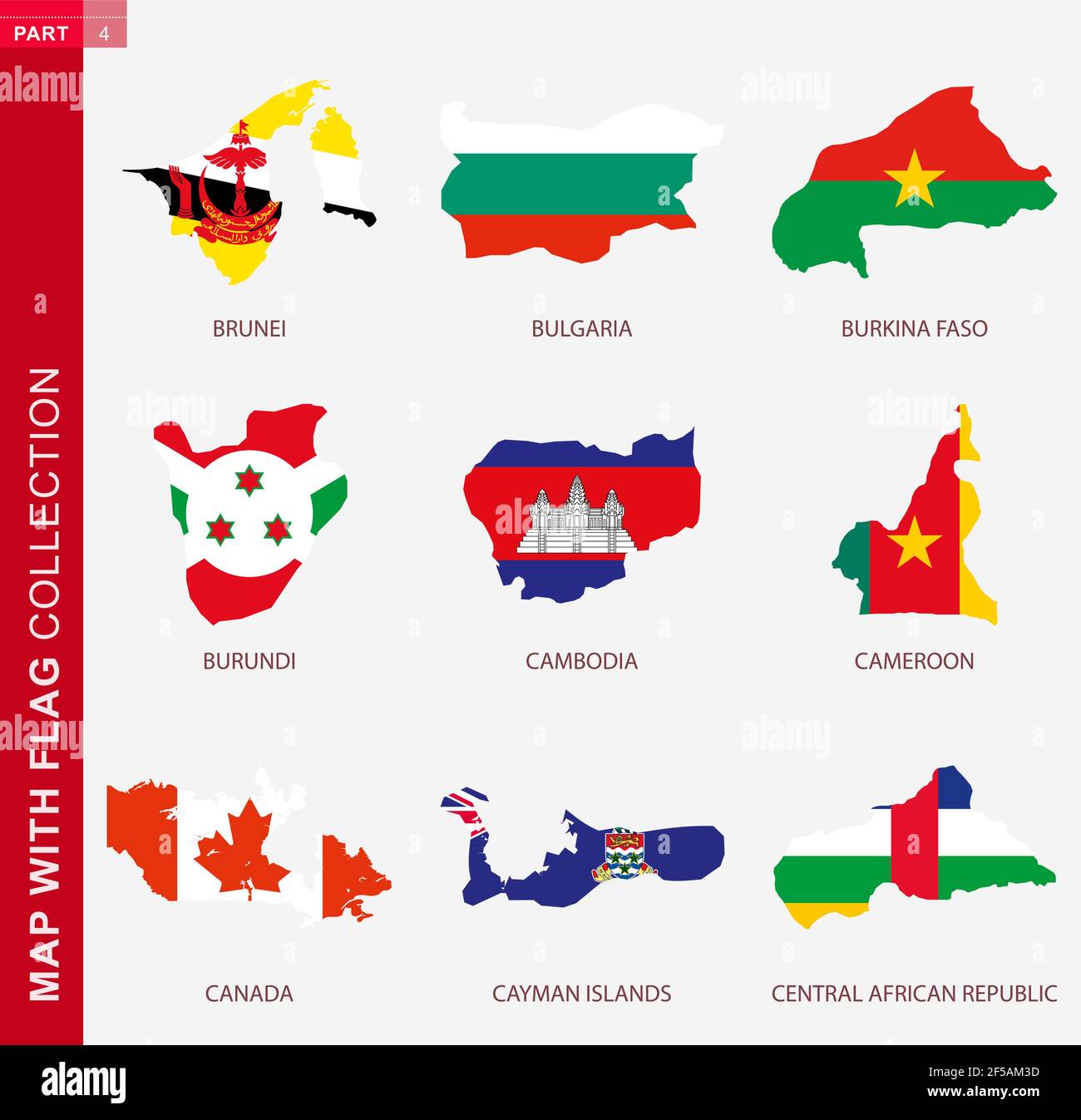 Mappa con raccolta bandiere, nove mappe con bandiera di Brunei, Bulgaria, Burkina Faso, Burundi, Cambogia, Camerun, Canada, Isole Cayman, Centrale A. Illustrazione Vettoriale