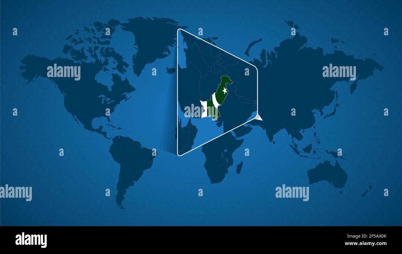 Mappa dettagliata del mondo con mappa ingrandita del Pakistan e dei paesi vicini. Bandiera e mappa del Pakistan. Illustrazione Vettoriale