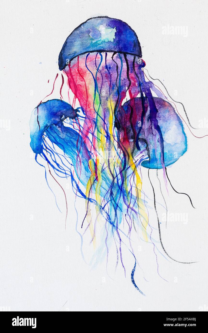 meduse colorate in acquerelli, viola, blu Foto Stock