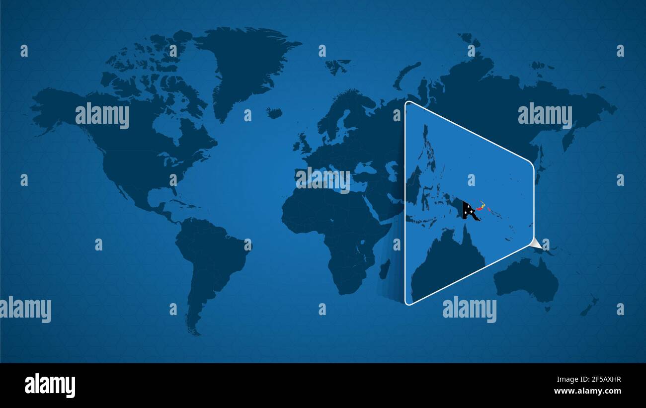 Mappa dettagliata del mondo con mappa ingrandita della Papua Nuova Guinea e dei paesi vicini. Papua Nuova Guinea bandiera e mappa. Illustrazione Vettoriale