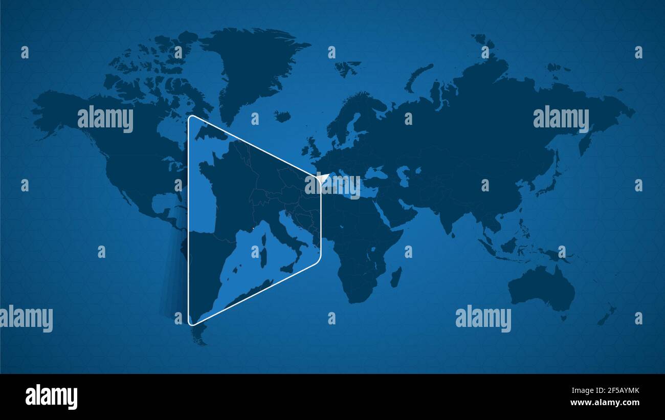 Mappa dettagliata del mondo con mappa ingrandita di Monaco e dei paesi vicini. Bandiera e mappa di Monaco. Illustrazione Vettoriale