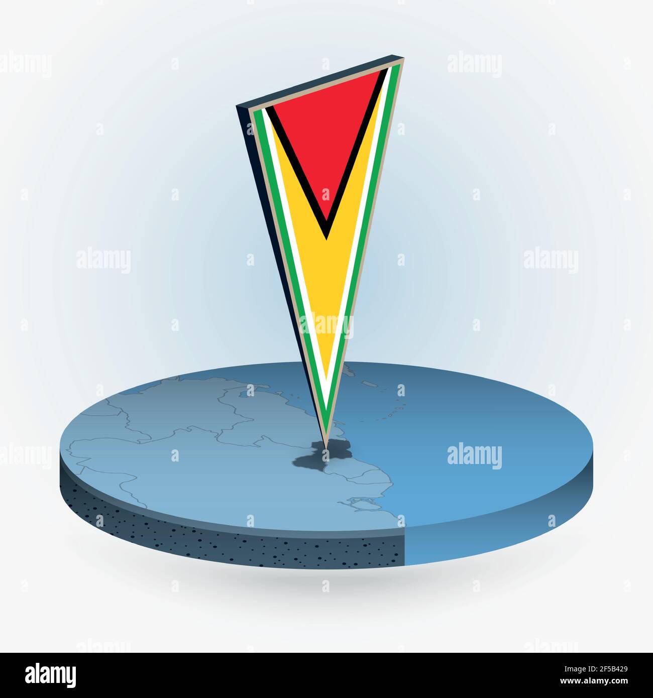 Mappa della Guyana in stile isometrico rotondo con bandiera triangolare 3D della Guyana, mappa vettoriale in colore blu. Illustrazione Vettoriale