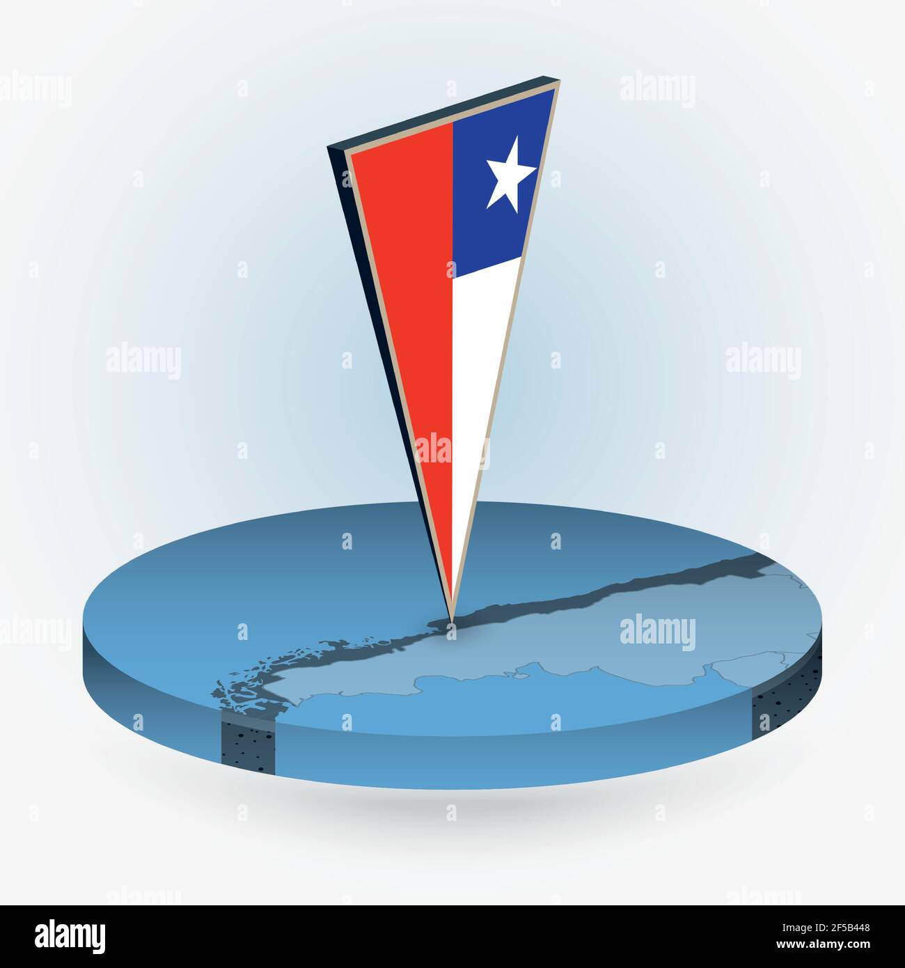 Mappa del Cile in stile isometrico rotondo con bandiera triangolare 3D del Cile, mappa vettoriale in colore blu. Illustrazione Vettoriale