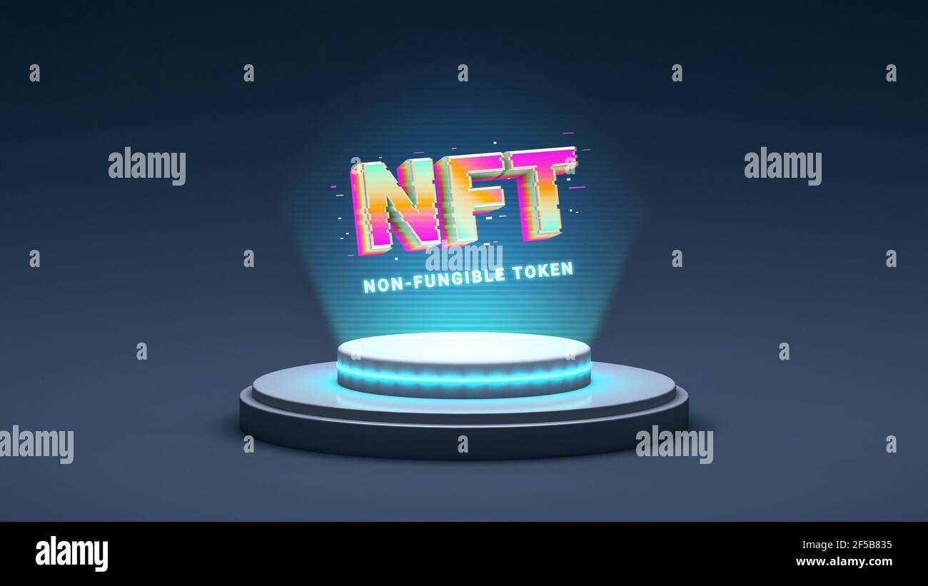 NFT token non fungibile, cripto art in rappresentazione 3D. Piattaforma che mostra l'ologramma NFT Crypto ART. Arte virtuale e gallerie utilizzando blockchain Foto Stock