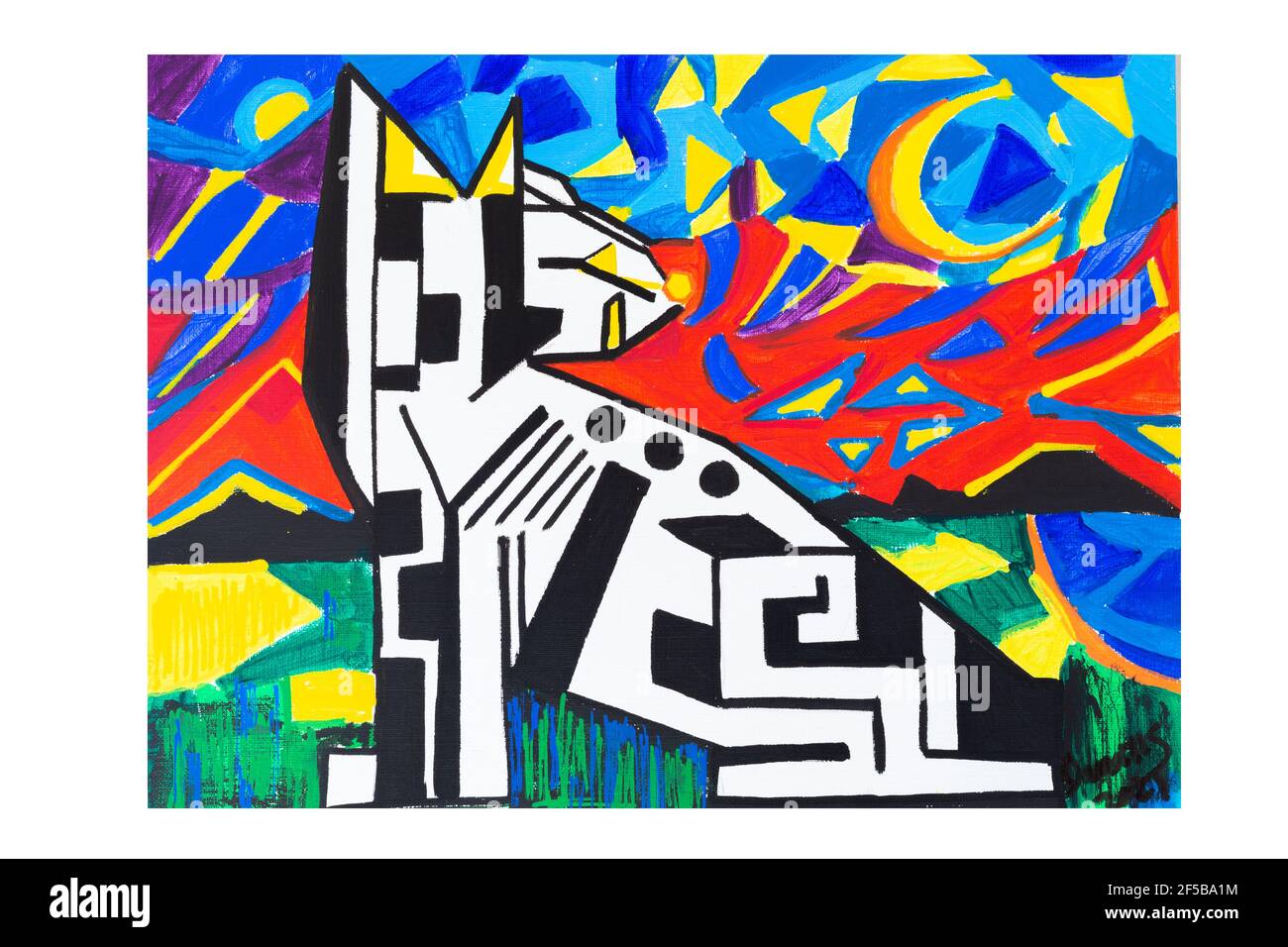 Poster astratti d'arte. Illustrazione di forme geometriche, oggetti e linee, grafica moderna per sfondo, rivista o copertina, gatto Foto Stock