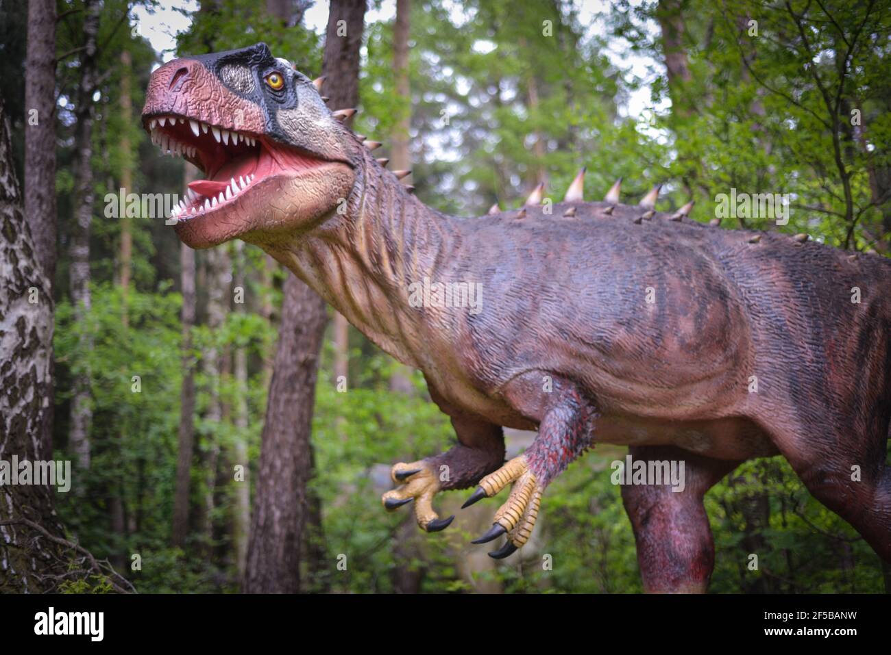 Cacciatore gigante nei boschi: Modello LifeSize di un dinosauro neovenatore. Foto Stock