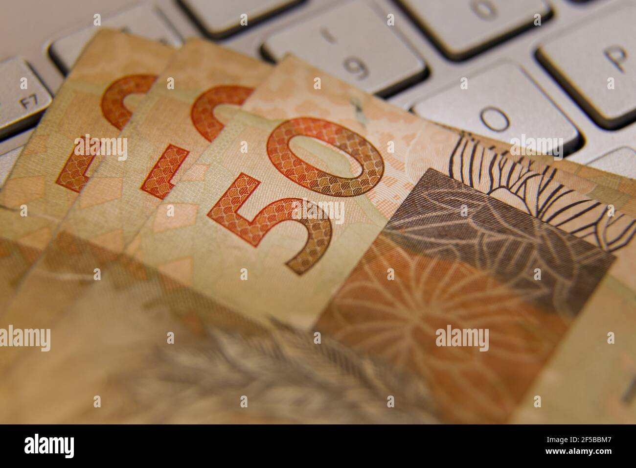 Banconote reali brasiliane - cinquanta banconote reais sulla tastiera di un computer. BRL in Brasile. Concetto di valuta, economia e affari. Foto Stock