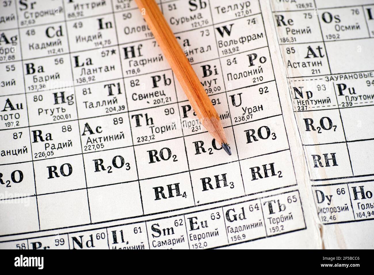 Apri la pagina del vecchio libro di chimica russo con la tavola periodica degli elementi e la matita. Primo piano Foto Stock