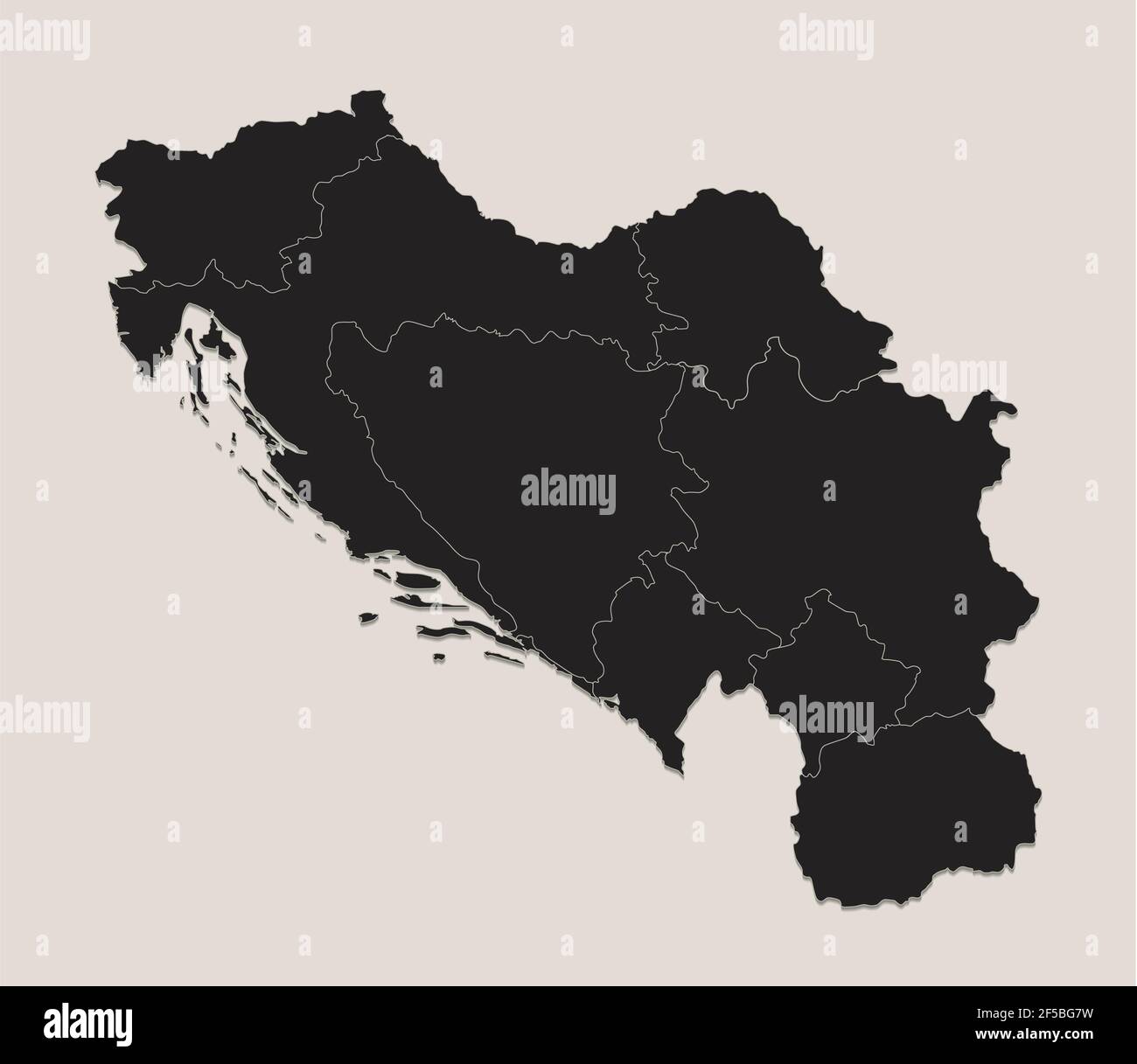 Mappa nera della Jugoslavia, regioni separate, disegno di lavagna vuota Foto Stock