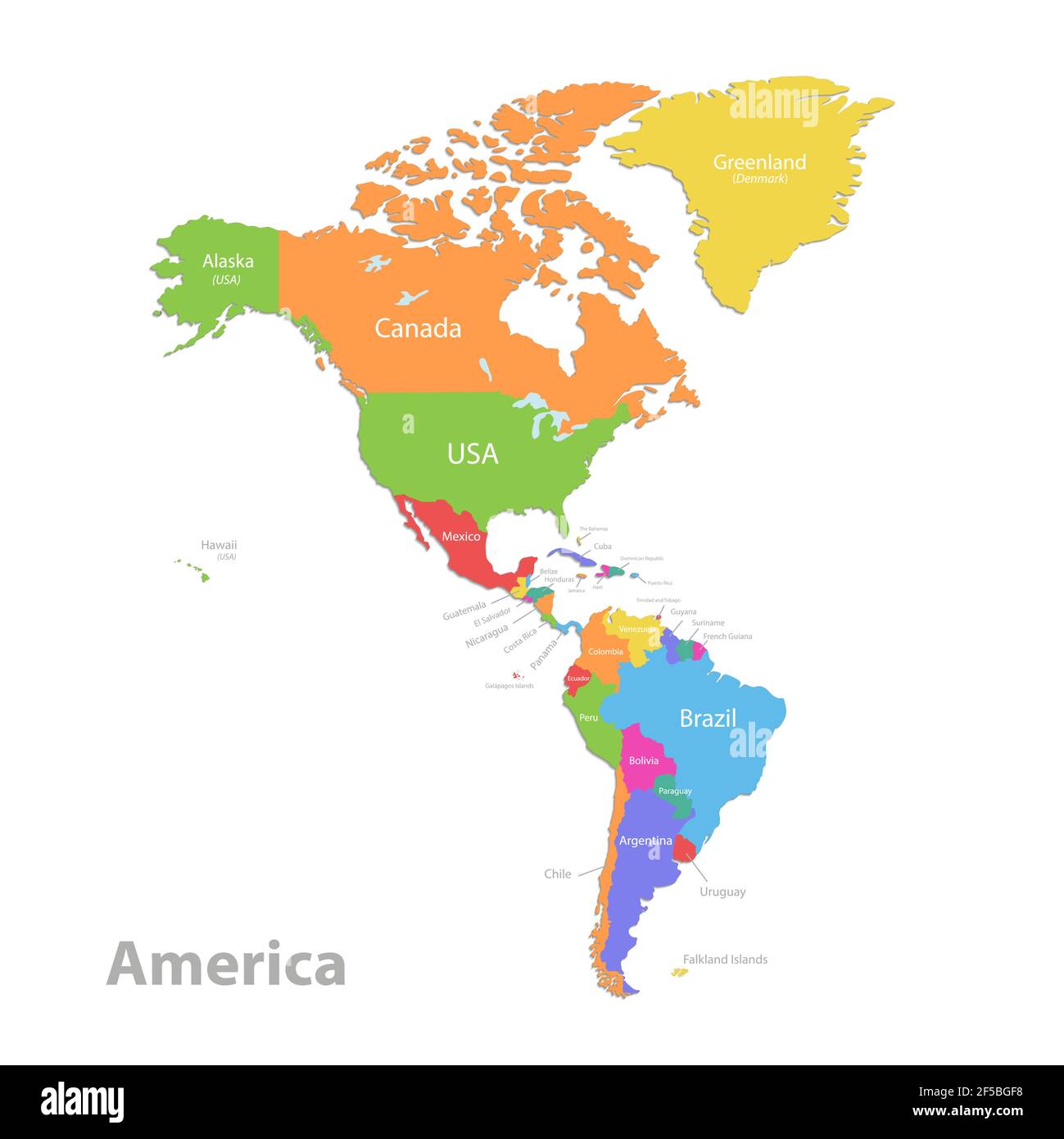 Mappa America, singoli stati separati con nomi di stato, mappa colori isolata su vettore di sfondo bianco Illustrazione Vettoriale