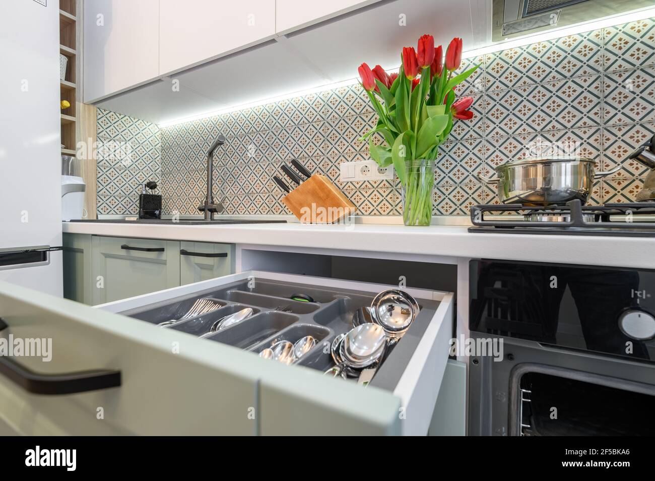 Cassetti estraibili nel cabinet in teal di lusso e bianco arredamento moderno della cucina Foto Stock