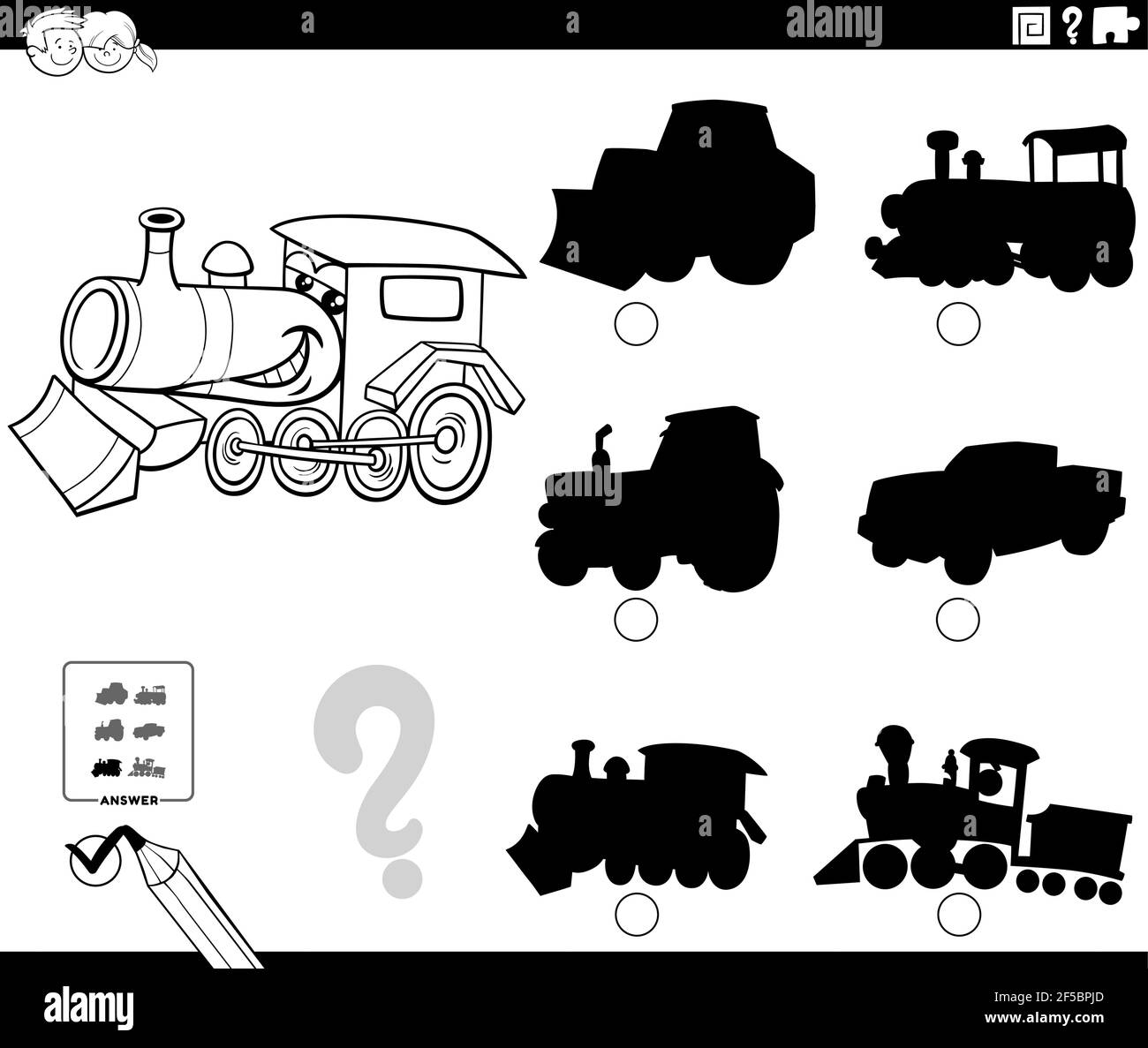 Cartoni animati in bianco e nero che mostra come trovare l'ombra giusta al gioco educativo foto per bambini con carattere locomotiva libro da colorare Illustrazione Vettoriale