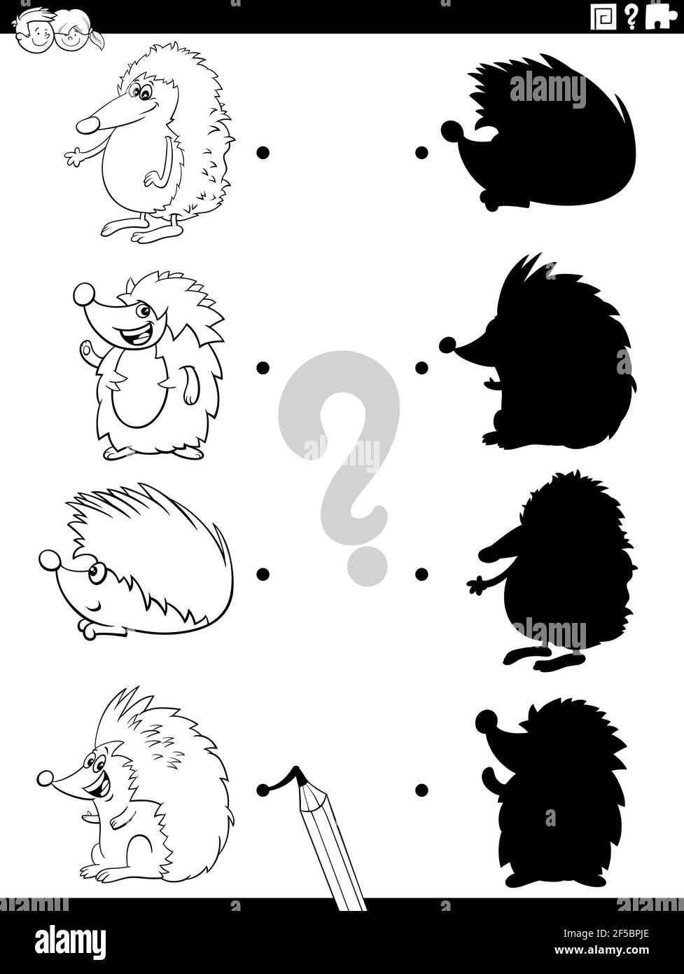 Illustrazione cartoon in bianco e nero di corrispondenza delle ombre destra con foto gioco educativo per bambini con caratteri hedgehogs colorazione prenota pa Illustrazione Vettoriale