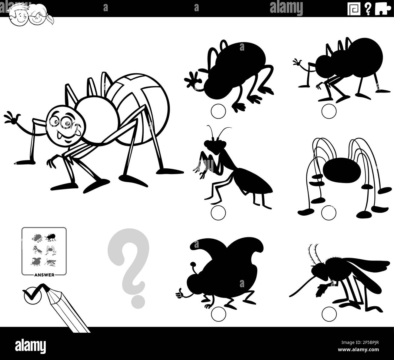 Cartoni animati in bianco e nero che mostra come trovare l'ombra giusta al gioco educativo immagine per i bambini con insetto ragno colorazione carattere bo Illustrazione Vettoriale