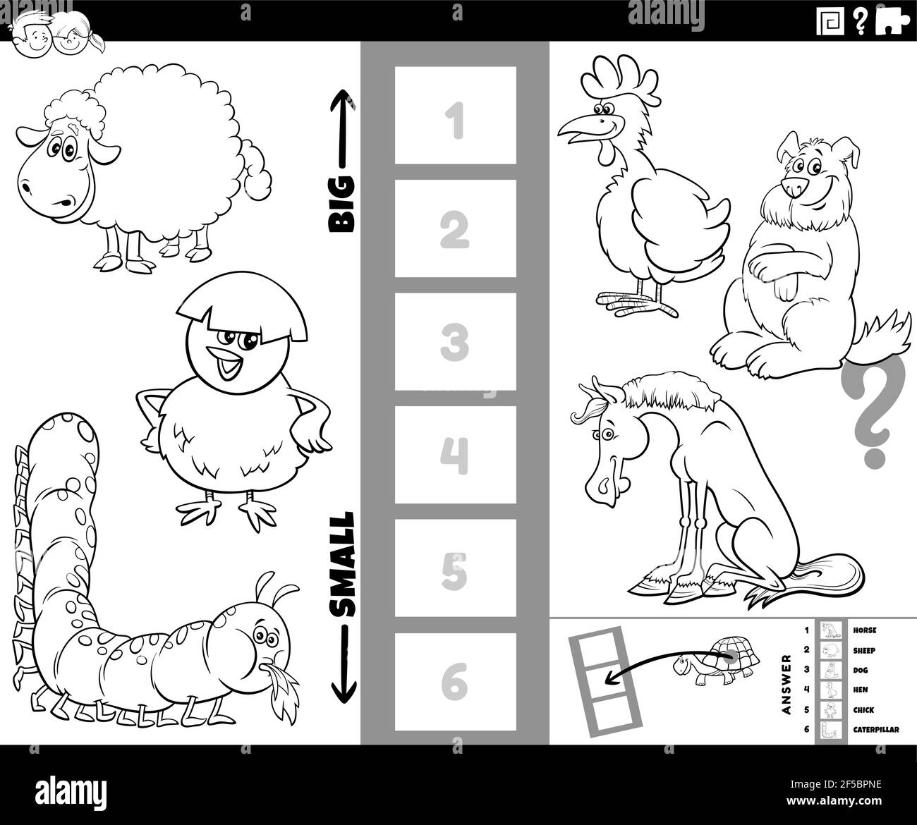 Cartoni animati in bianco e nero illustrazione del gioco educativo di scoperta la più grande e la più piccola specie animale con personaggi comici colorina per bambini Illustrazione Vettoriale