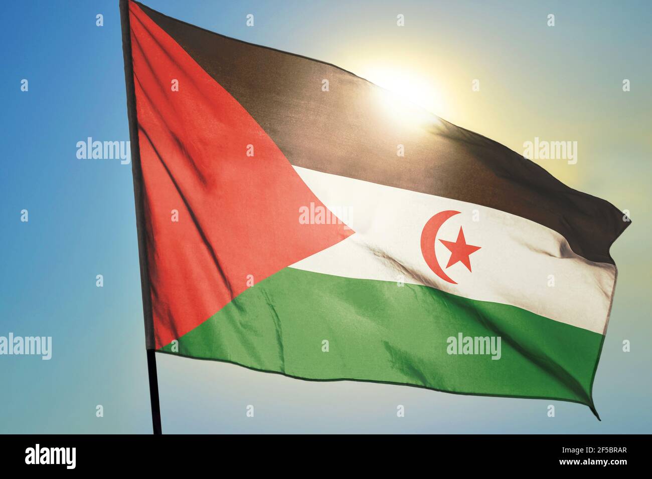 Bandiera del Sahara occidentale che oscilla sul vento di fronte sole Foto Stock