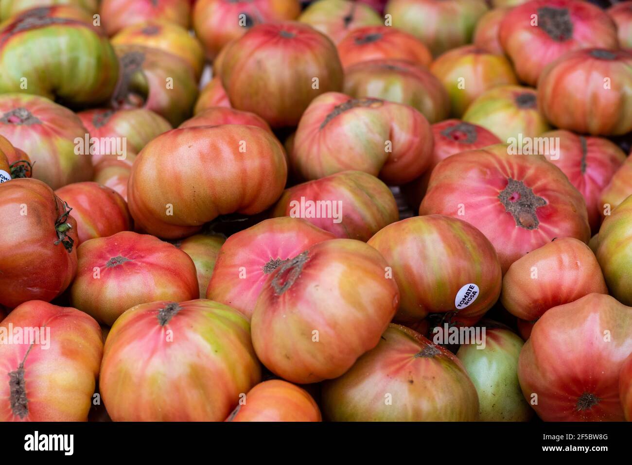 VIC mercato settimanale, prodotti freschi e biologici, pomodori, Barcellona, Catalogna, Spagna. Foto Stock