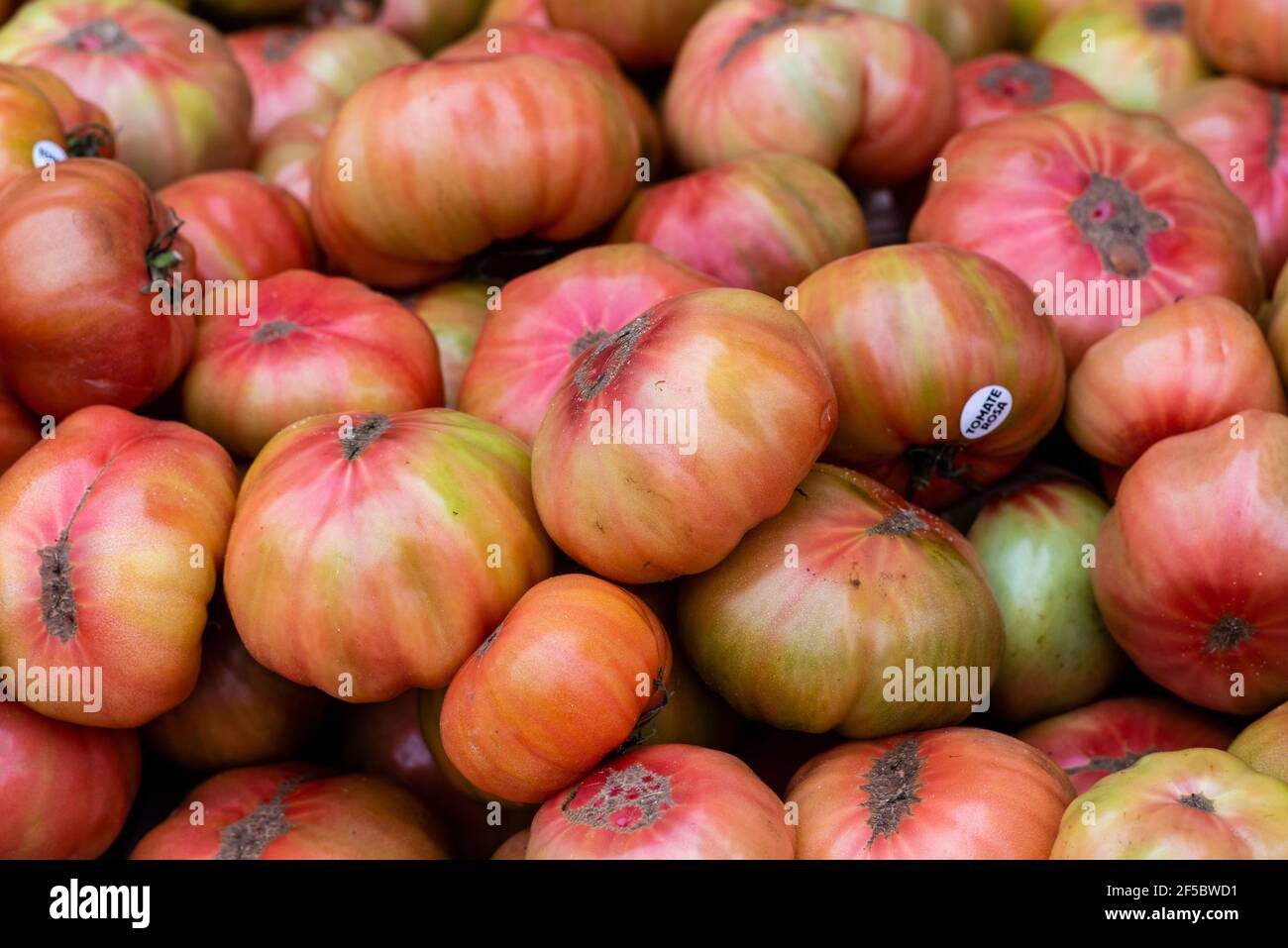 VIC mercato settimanale, prodotti freschi e biologici, pomodori, Barcellona, Catalogna, Spagna. Foto Stock