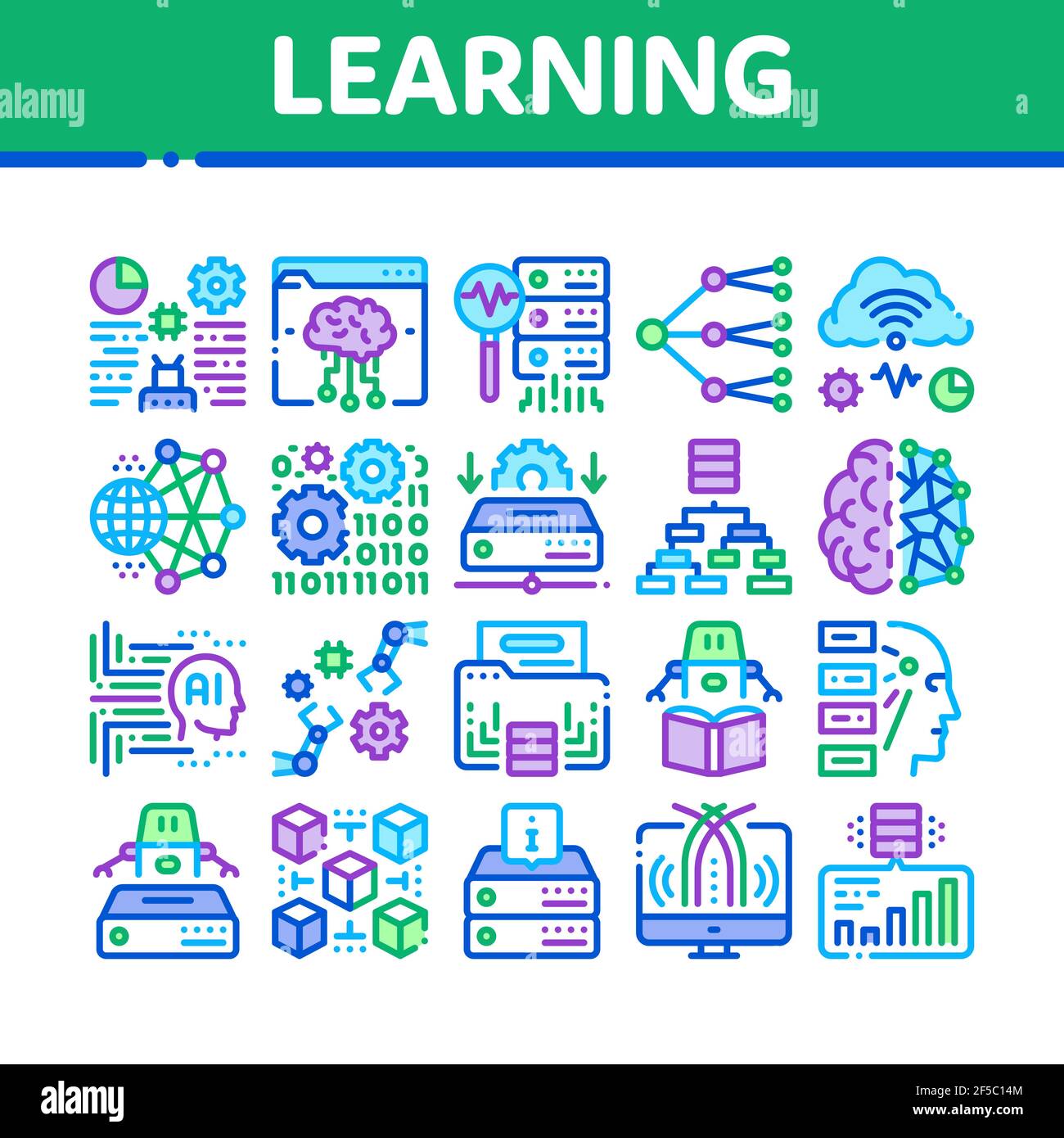 Machine Learning ai Collection Icons Imposta vettore Illustrazione Vettoriale