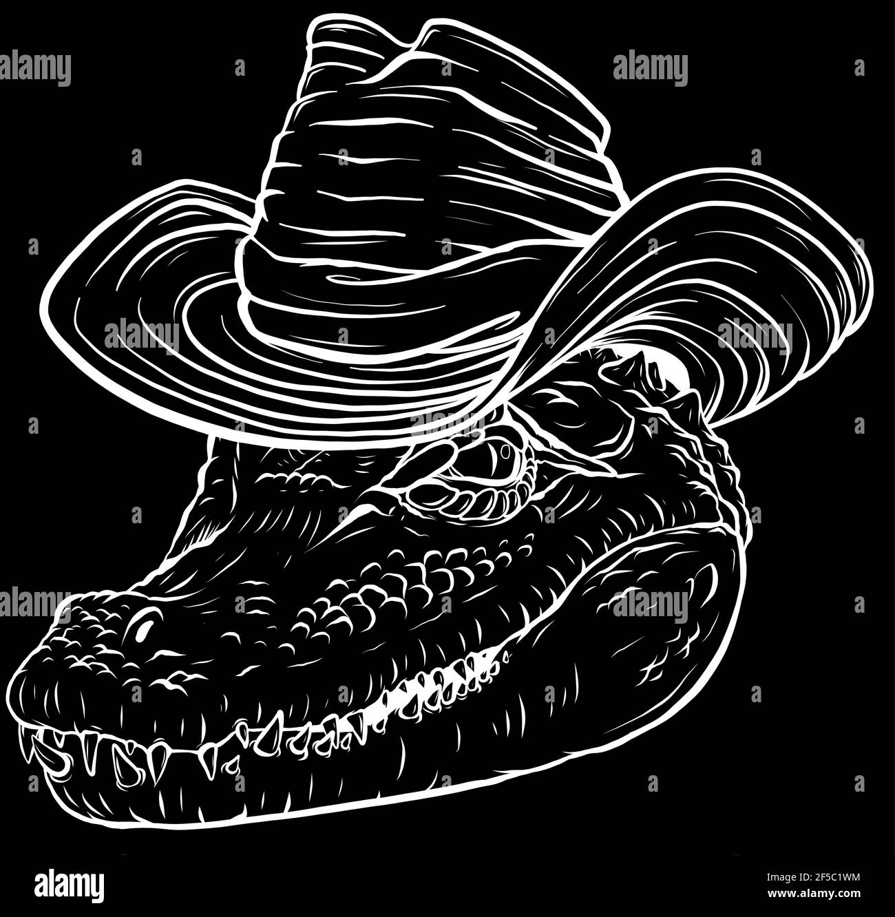 silhouette bianca con testa in alligatore feroce con cappello su nero sfondo Illustrazione Vettoriale