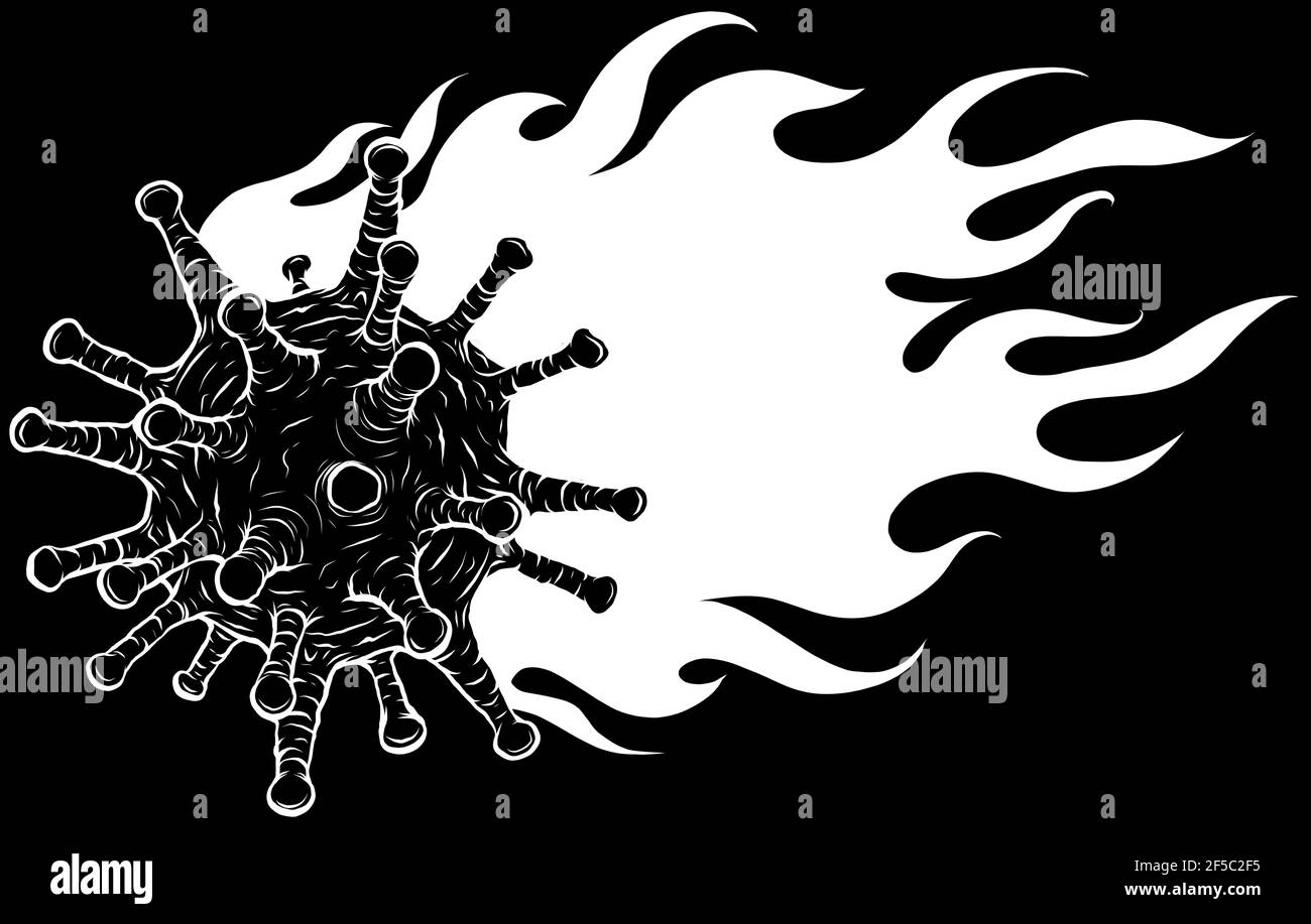 silhouette bianca di corona virus brucia con fiamme su nero sfondo Illustrazione Vettoriale