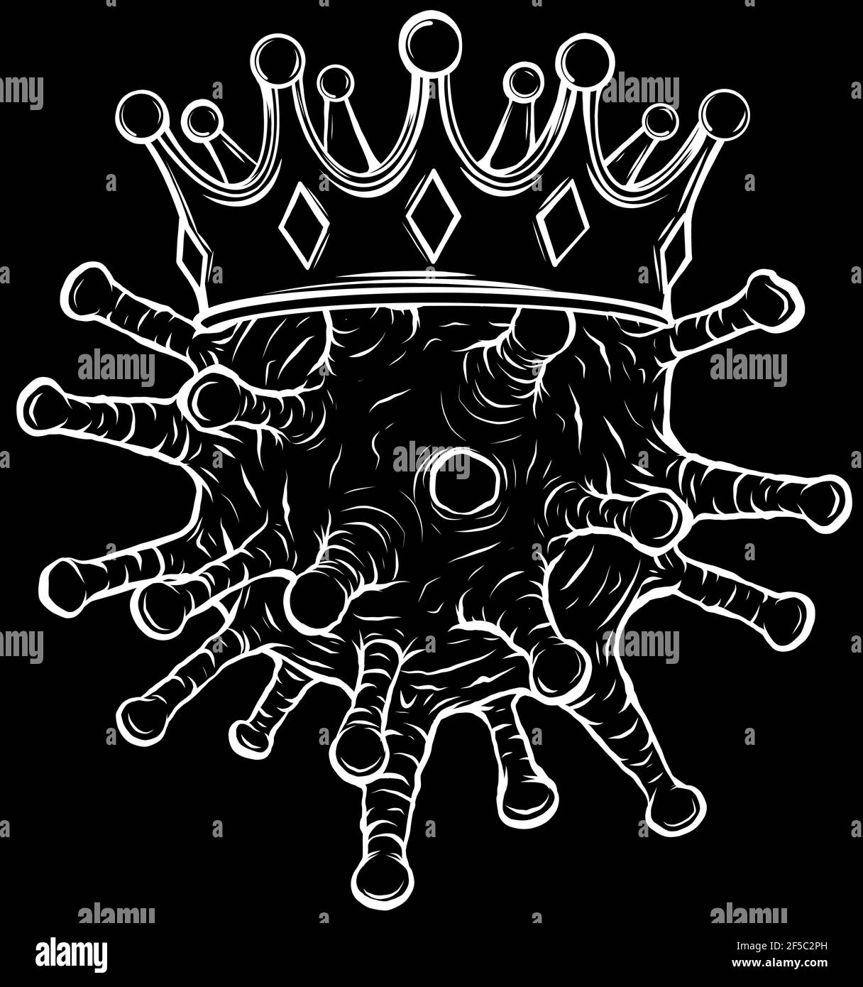 Silhouette bianca di Coronavirus in stile cartoon con corona Illustrazione Vettoriale