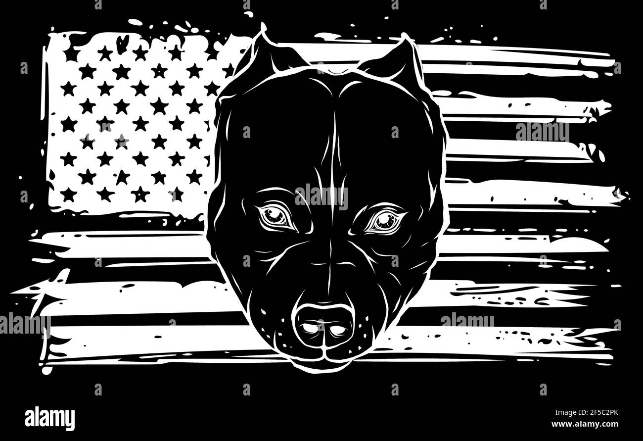 Silhouette bianca di Head Bully Dog con bandiera americana Illustrazione Vettoriale