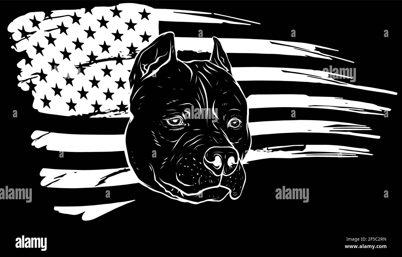 Sagoma bianca del pitbull della testa con illustrazione vettoriale della bandiera americana Illustrazione Vettoriale