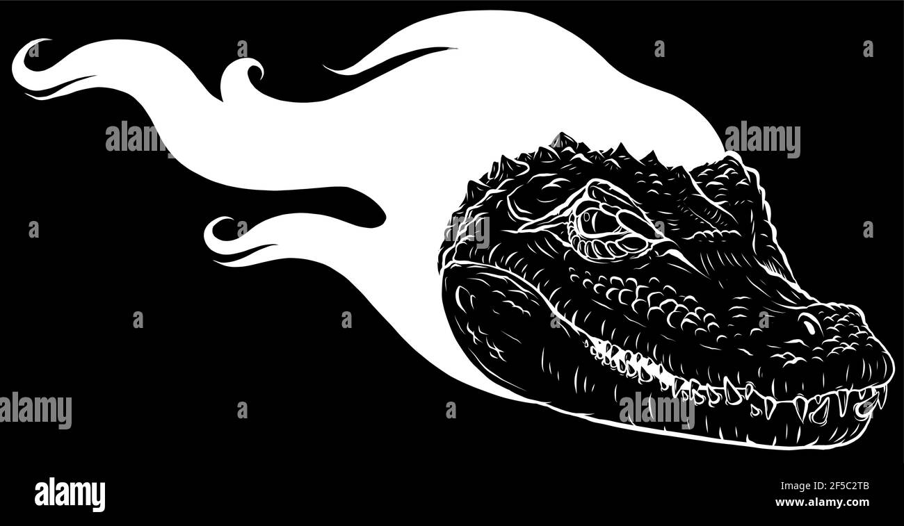 silhouette bianca di testa feroce a coccodrillo con fiamme Illustrazione Vettoriale