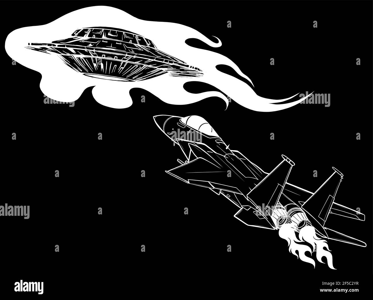 Silhouette bianca dello spazio delle stelle di battaglia da un ufo e. aereo Illustrazione Vettoriale