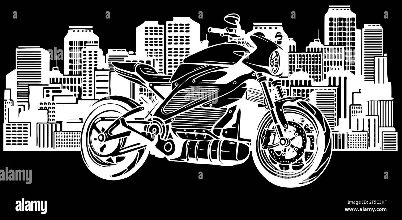 silhouette bianca del paesaggio urbano con rapida illustrazione vettoriale della moto Illustrazione Vettoriale