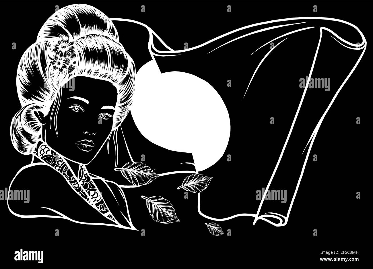 Silhouette bianca della bellissima Geisha con foglie e bandiera giapponese Illustrazione Vettoriale