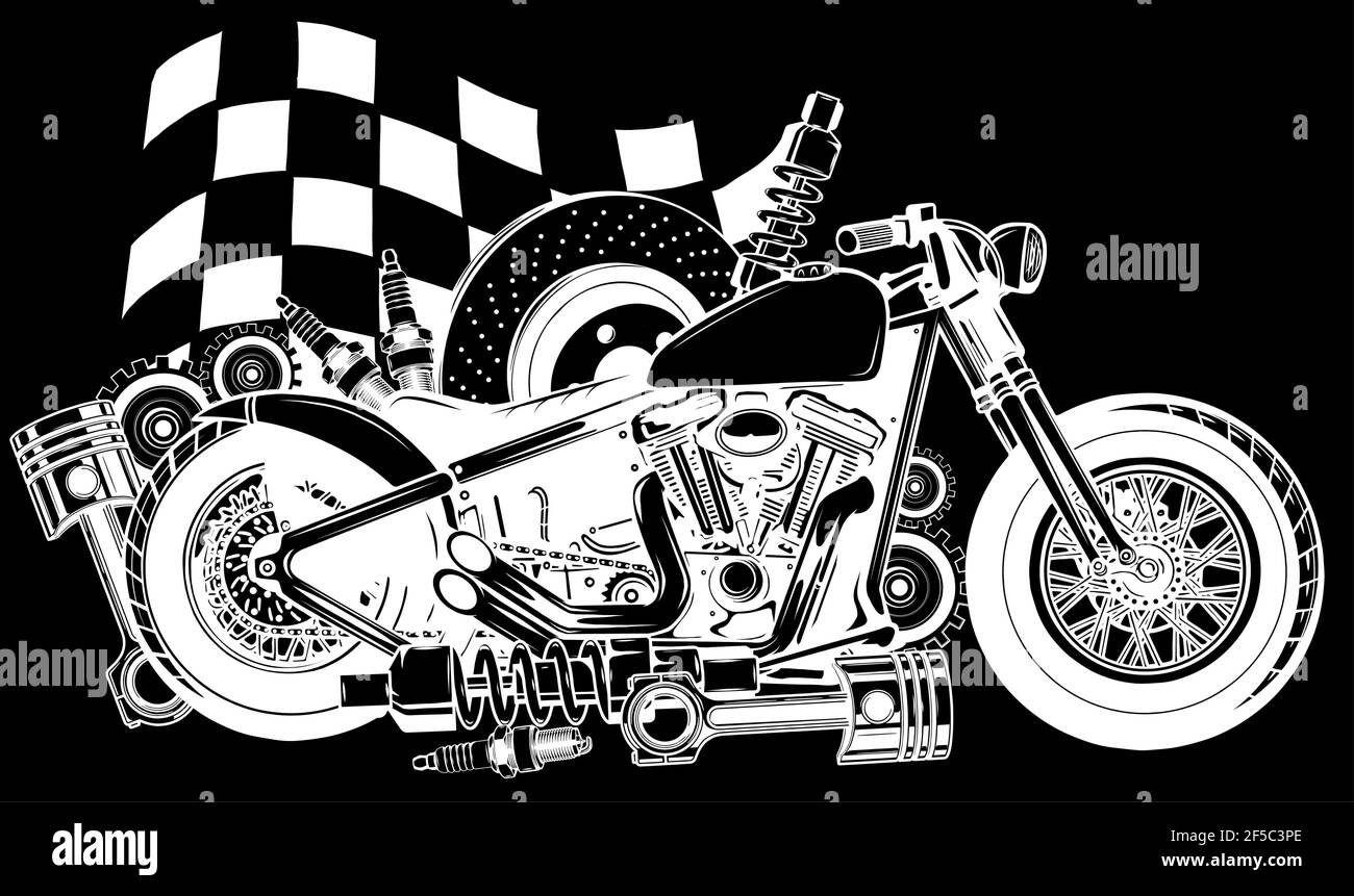 Vector silhouette bianca della motocicletta con parti di ricambio e bandiera da gara Illustrazione Vettoriale