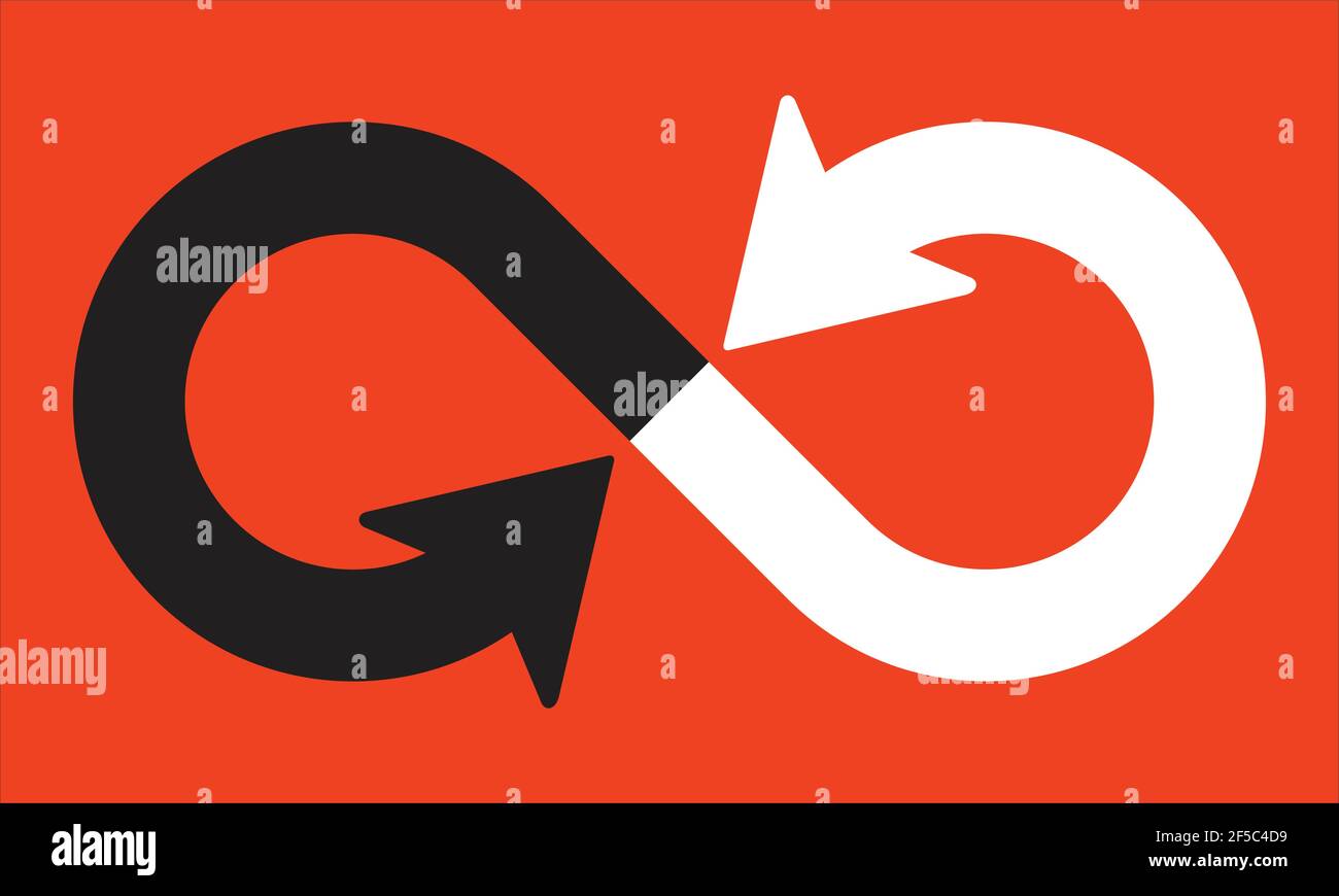 Simbolo infinito con frecce direzionali puntate. Illustrazione vettoriale di linee curve sovrapposte con frecce rivolte l'una verso l'altra. Illustrazione Vettoriale