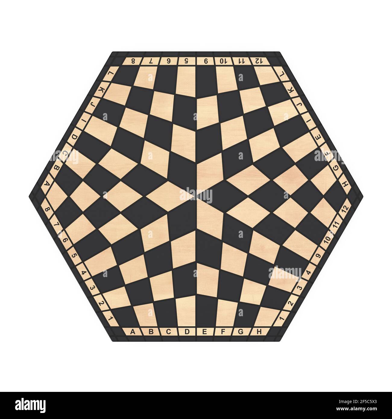 Chessboard esagonale a tre giocatori su sfondo bianco. Rendering 3d Foto Stock