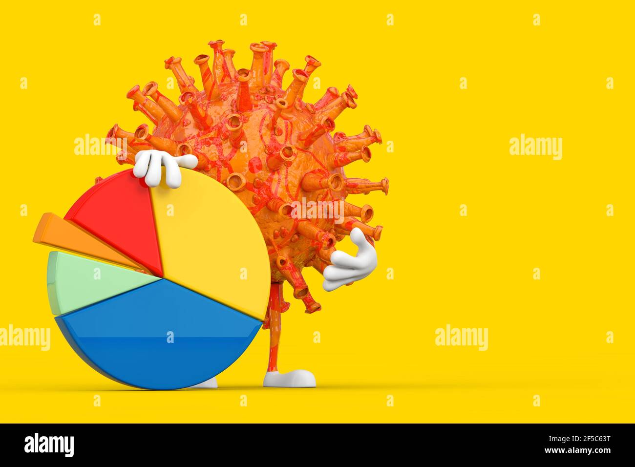 Cartoon Coronavirus COVID-19 Mascot personaggio persona del virus con Info Grafica Business Pie Chart su sfondo giallo. Rendering 3d Foto Stock