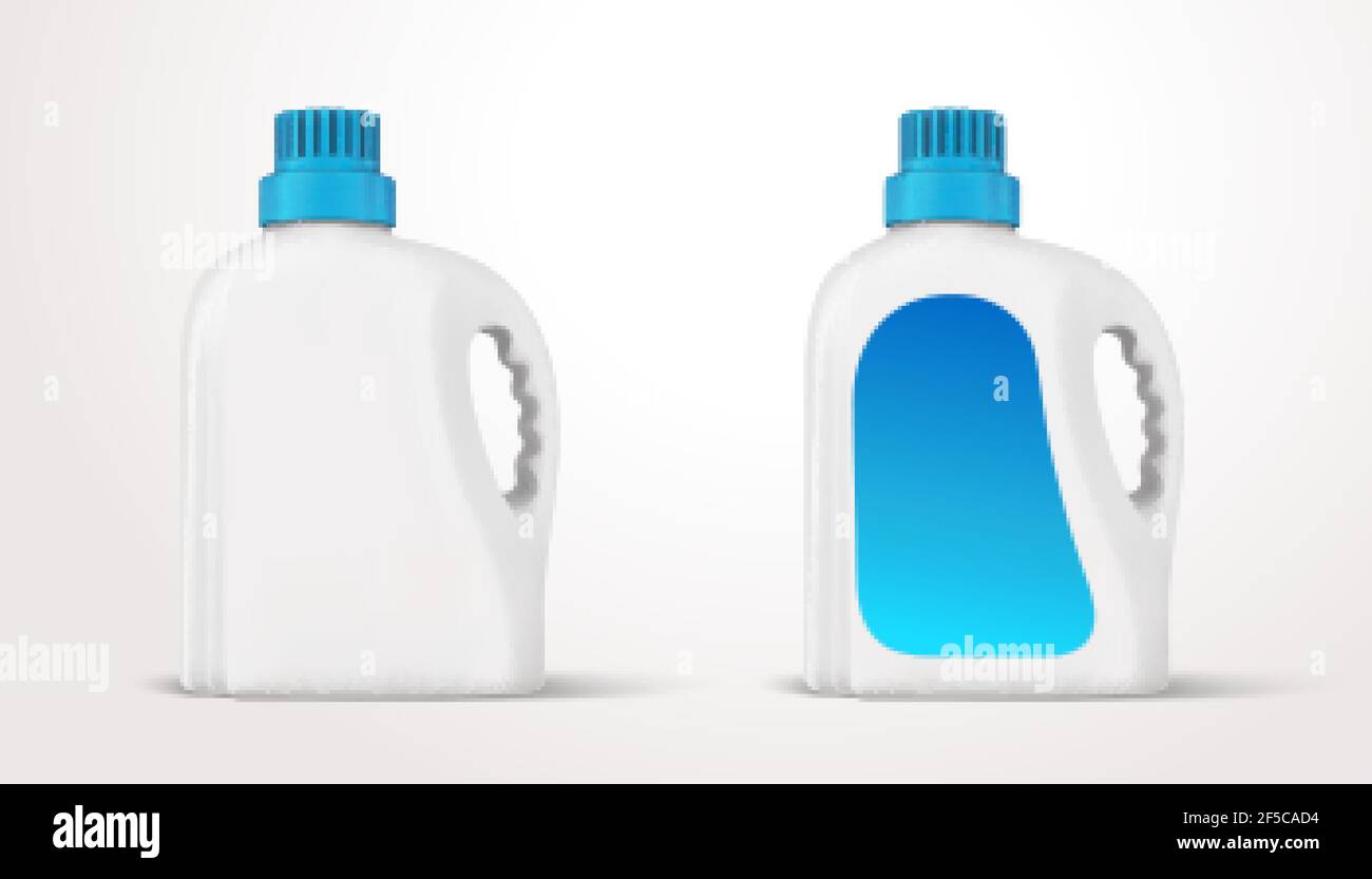illustrazione 3d di un set di flaconi in plastica con impugnatura e tappo a vite. Modello di detergente per pavimenti o detergente liquido isolato su sfondo bianco. Illustrazione Vettoriale