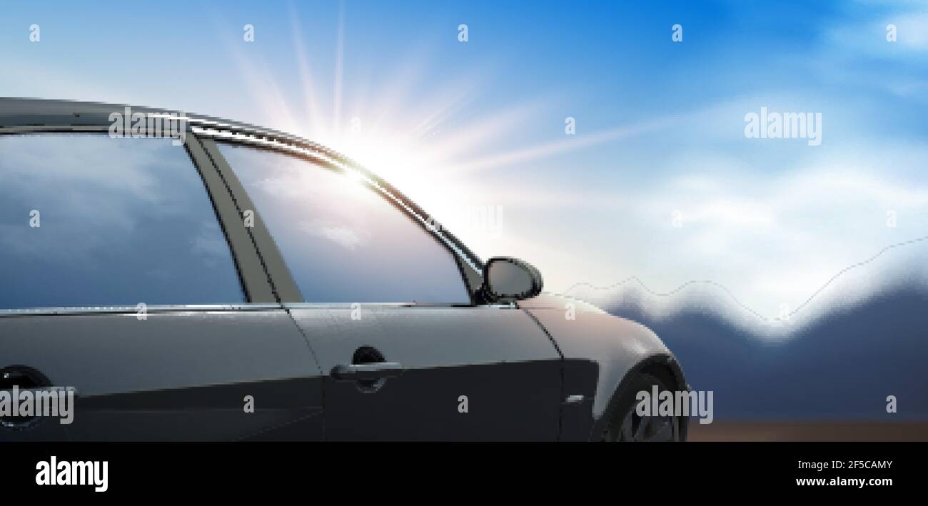 Illustrazione 3D di un'auto nera generica con il sole che splende da dietro, all'aperto sfondo blu del cielo Illustrazione Vettoriale
