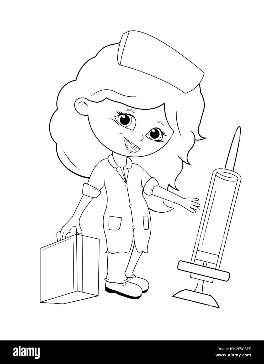 Cartoon bambina vestita con abiti da medico. Una ragazza tiene in mano una siringa e una valigia del medico. Infermiere. Colorazione. Illustrazione Vettoriale