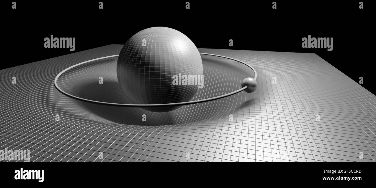 Visualizzazione 3D della distorsione di gravità, oggetti fisici in orbita, spazio, teoria generale della relatività, legge scientifica della gravitazione universale Foto Stock
