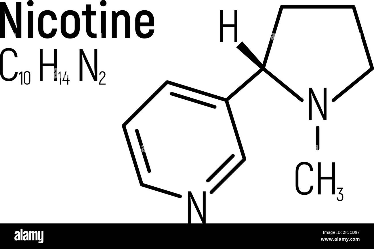 Etichetta icona della formula chimica del concetto di nicotina, illustrazione vettoriale del font del testo, isolata su bianco. Tabella degli elementi periodici, sostanze stupefacenti addictive. Illustrazione Vettoriale
