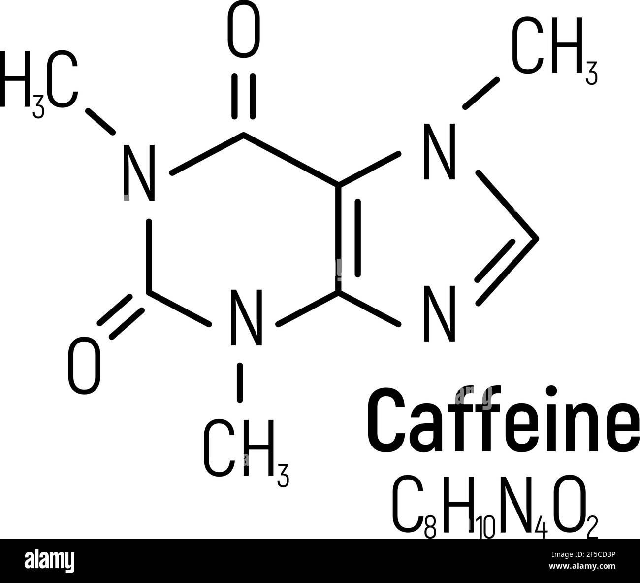 Etichetta dell'icona della formula chimica caffeina Concept, illustrazione vettoriale del font del testo, isolata su bianco. Tabella degli elementi periodici, bevande addictive roba. Illustrazione Vettoriale