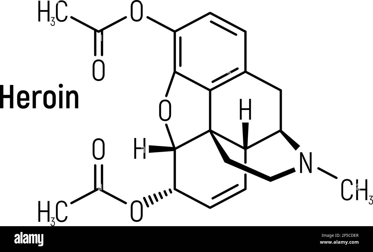 Etichetta icona della formula chimica del concetto di eroina, illustrazione vettoriale del carattere del testo, isolata su bianco. Tabella degli elementi periodici, sostanze stupefacenti addictive. Illustrazione Vettoriale