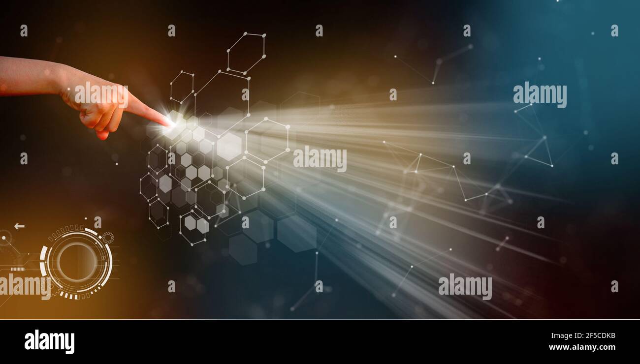 Background tecnologia tecnologia sito web programmazione intelligenza artificiale reticolo di modello a nido d'ape i pulsanti con le mani brillano negli univers a griglia scura Foto Stock