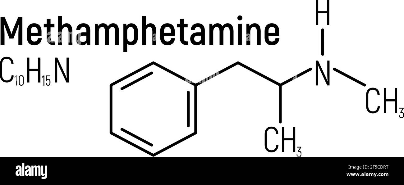 Etichetta dell'icona della formula chimica del concetto di metanfetamina, illustrazione vettoriale del carattere del testo, isolata su bianco. Tabella degli elementi periodici, sostanze stupefacenti addictive. Illustrazione Vettoriale