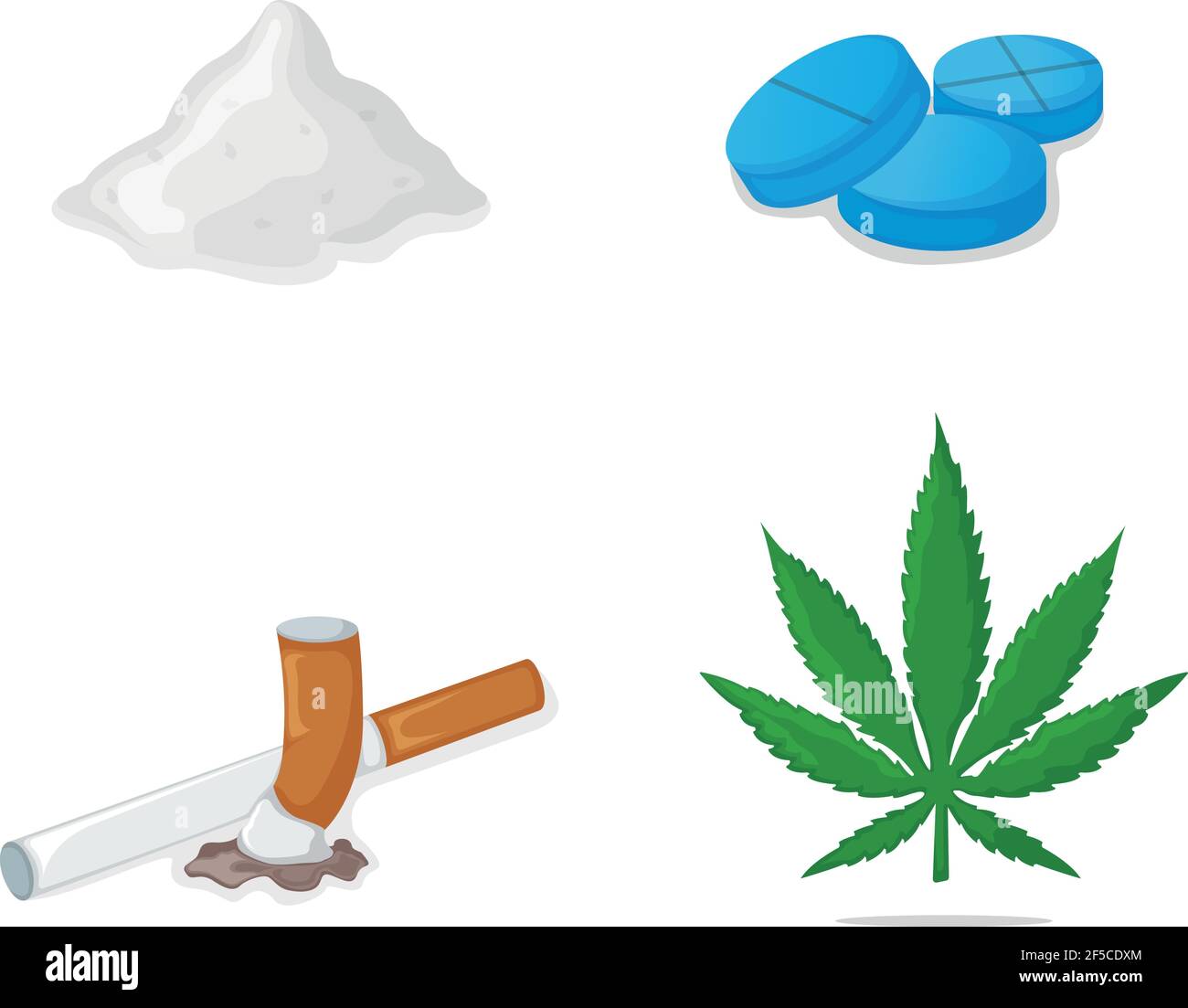 Concettuale cocaina, polvere di eroina, foglia di marijuana cannabis, illustrazione vettore di droga di materiale dipendente da sigarette, isolato su bianco. Illustrazione Vettoriale