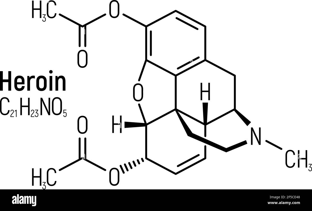 Etichetta icona della formula chimica del concetto di eroina, illustrazione vettoriale del carattere del testo, isolata su bianco. Tabella degli elementi periodici, sostanze stupefacenti addictive. Illustrazione Vettoriale