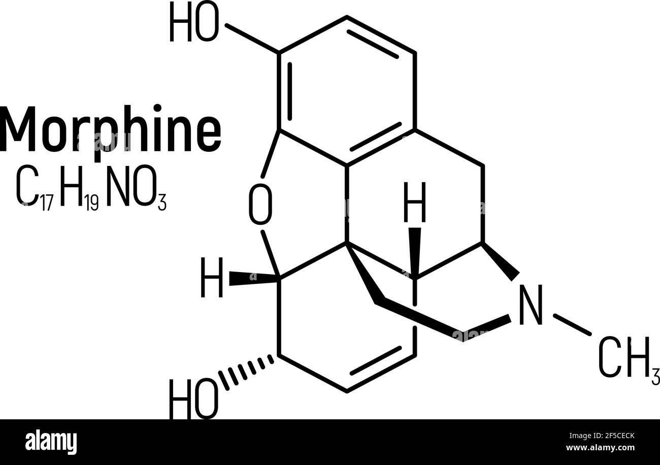 Etichetta dell'icona della formula chimica del concetto di morfina, illustrazione vettoriale del font del testo, isolata su bianco. Tabella degli elementi periodici, sostanze stupefacenti addictive. Illustrazione Vettoriale