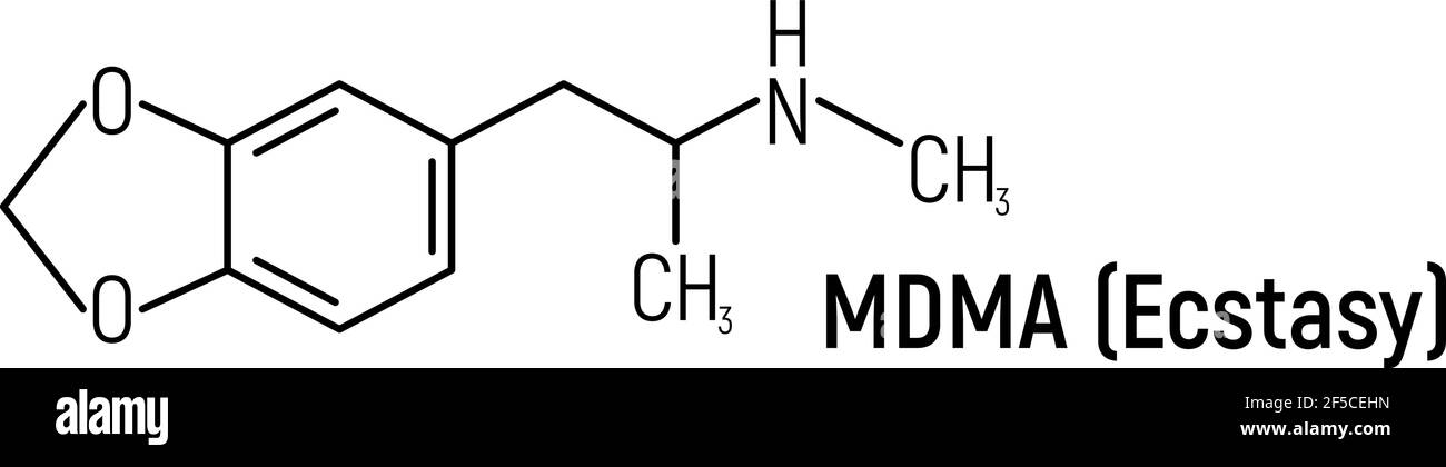 Etichetta dell'icona della formula chimica MDMA ecstasy Concept, illustrazione vettoriale del font del testo, isolata su bianco. Tabella degli elementi periodici, sostanze stupefacenti addictive. Illustrazione Vettoriale