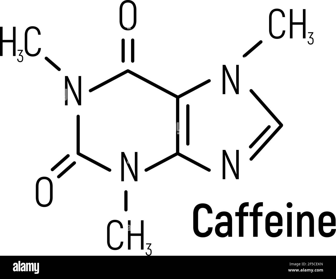 Etichetta dell'icona della formula chimica caffeina Concept, illustrazione vettoriale del font del testo, isolata su bianco. Tabella degli elementi periodici, bevande addictive roba. Illustrazione Vettoriale